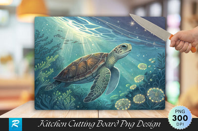 Turtle in Tranquil Waters with Glowing Marine Patterns Cutting Board PNG Design Sublimation Regulrcrative 