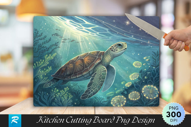 Turtle in Tranquil Waters with Glowing Marine Patterns Cutting Board PNG Design Sublimation Regulrcrative 
