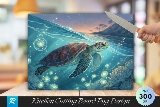 Turtle in Tranquil Waters with Glowing Marine Patterns Cutting Board PNG Design Sublimation Regulrcrative 