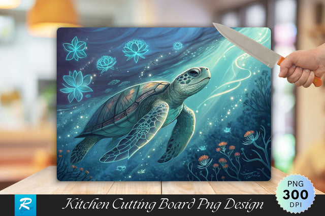 Turtle in Tranquil Waters with Glowing Marine Patterns Cutting Board PNG Design Sublimation Regulrcrative 