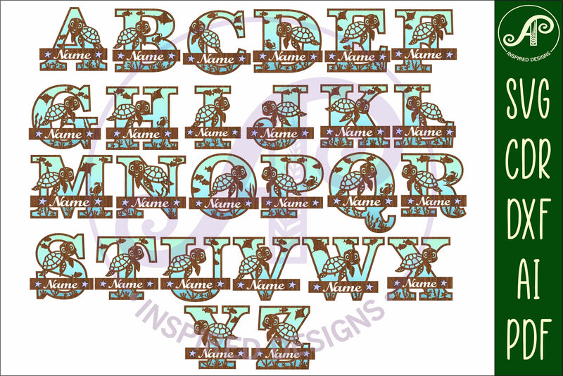 Turtle Initial Monogram Turtle monogram letter bundle Name signs SVG - So Fontsy