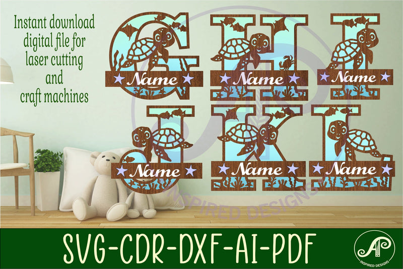 Turtle Initial Monogram Turtle monogram letter bundle Name signs SVG - So Fontsy