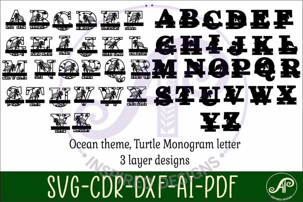 Turtle Initial Monogram Turtle monogram letter bundle Name signs SVG - So Fontsy
