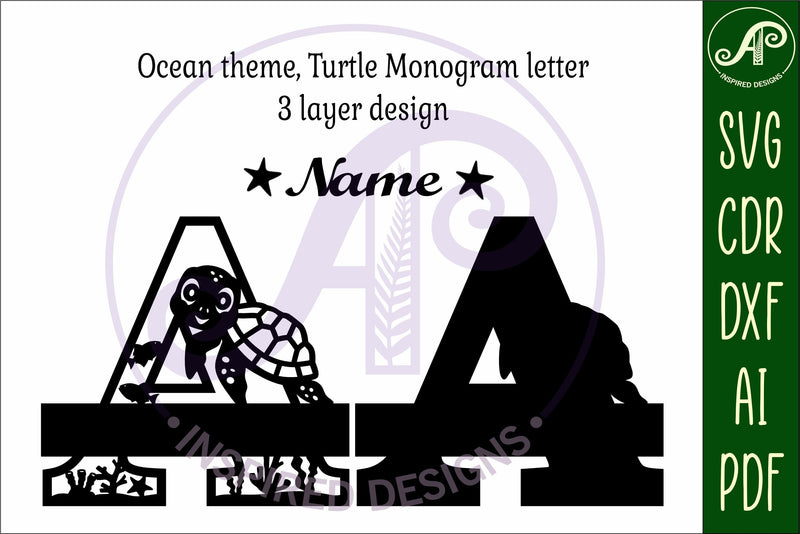 Turtle Initial Monogram Turtle ocean Capital Monogram Letter A SVG - So Fontsy