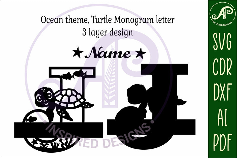 Turtle Initial Monogram Turtle ocean Capital Monogram letter J SVG - So Fontsy