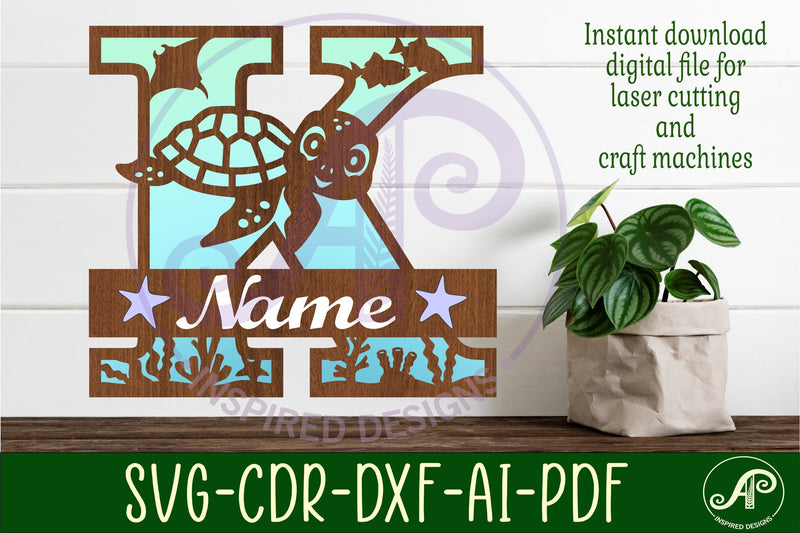 Turtle Initial Monogram Turtle ocean Capital Monogram letter K SVG - So Fontsy