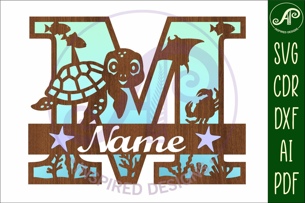 Turtle Initial Monogram Turtle ocean Capital Monogram letter M SVG - So Fontsy