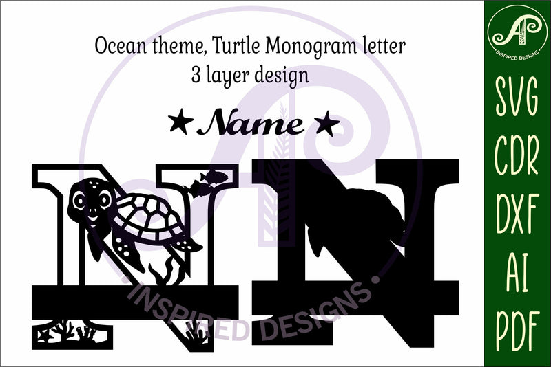 Turtle Initial Monogram Turtle ocean Capital Monogram letter N SVG - So Fontsy