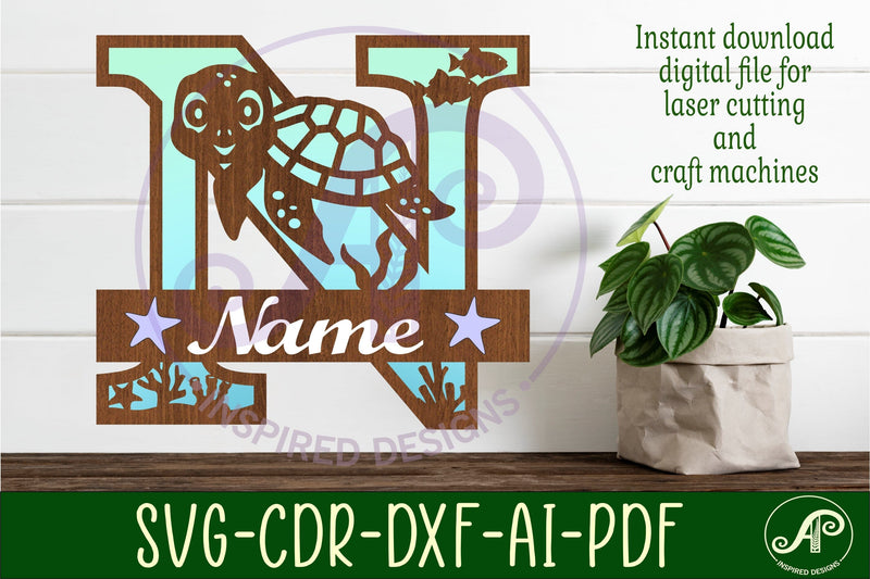 Turtle Initial Monogram Turtle ocean Capital Monogram letter N SVG - So Fontsy