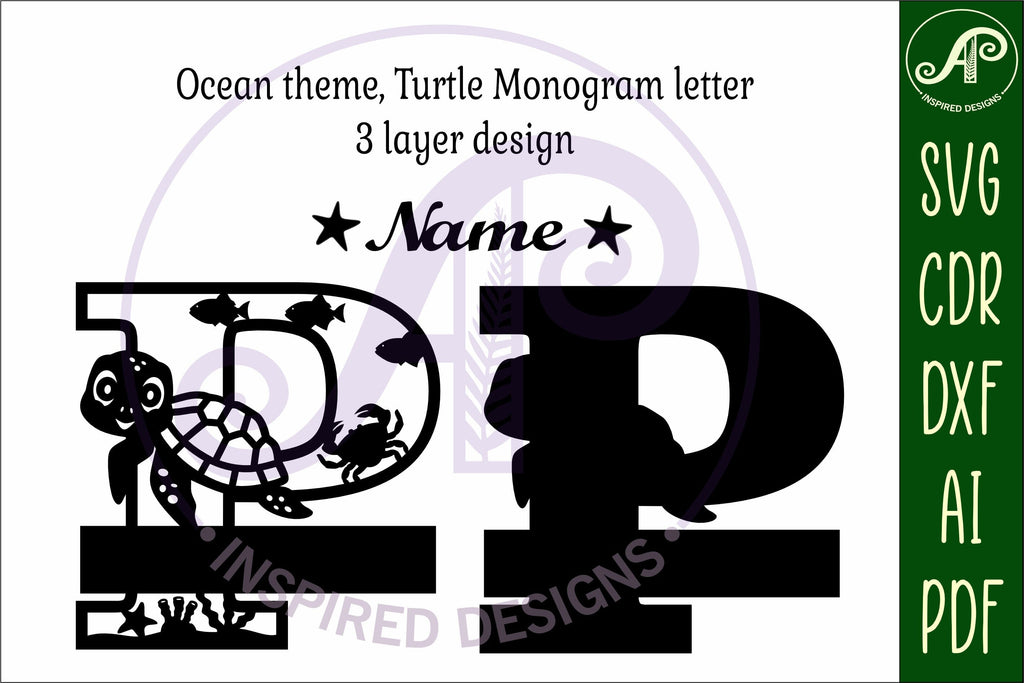 Turtle Initial Monogram Turtle ocean Capital Monogram letter P SVG - So Fontsy