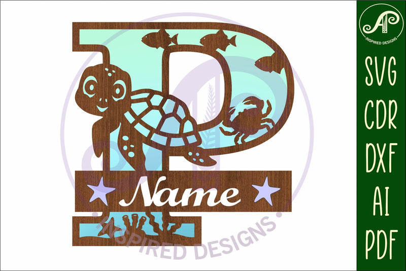 Turtle Initial Monogram Turtle ocean Capital Monogram letter P SVG - So Fontsy