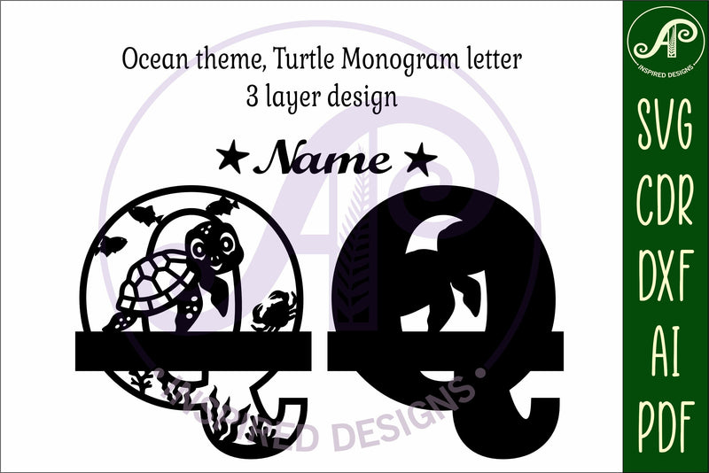 Turtle Initial Monogram Turtle ocean Capital Monogram letter Q SVG - So Fontsy