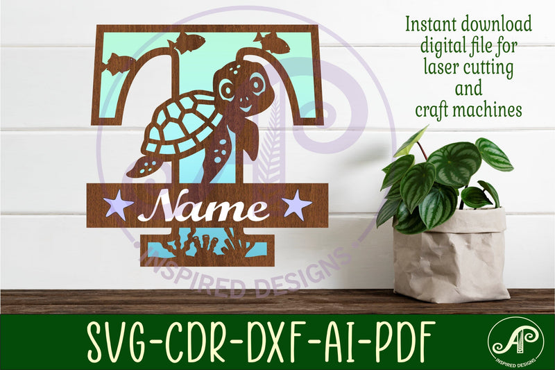 Turtle Initial Monogram Turtle ocean Capital Monogram letter T SVG - So Fontsy