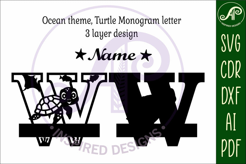 Turtle Initial Monogram Turtle ocean Capital Monogram letter W SVG - So Fontsy