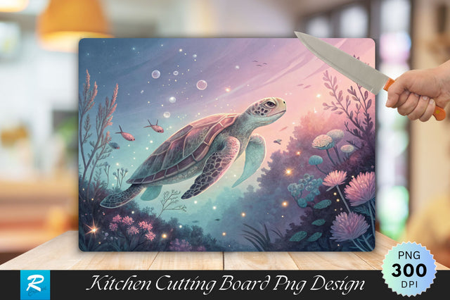 Turtle Swimming in a Glowing Underwater World Cutting Board PNG Design Sublimation Regulrcrative 