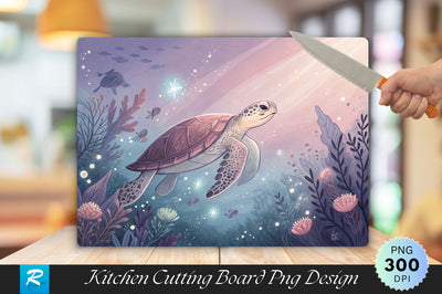 Turtle Swimming in a Glowing Underwater World Cutting Board PNG Design Sublimation Regulrcrative 