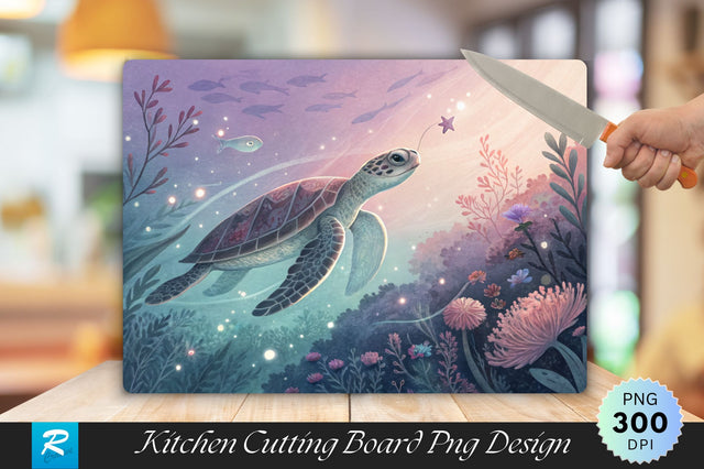 Turtle Swimming in a Glowing Underwater World Cutting Board PNG Design Sublimation Regulrcrative 