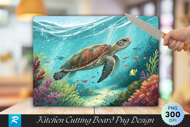 Turtle Swimming in Turquoise Waters with Marine Foliage Cutting Board PNG Design Sublimation Regulrcrative 