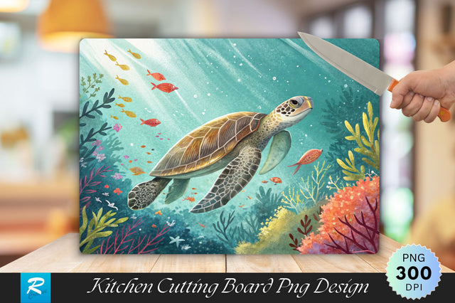 Turtle Swimming in Turquoise Waters with Marine Foliage Cutting Board PNG Design Sublimation Regulrcrative 