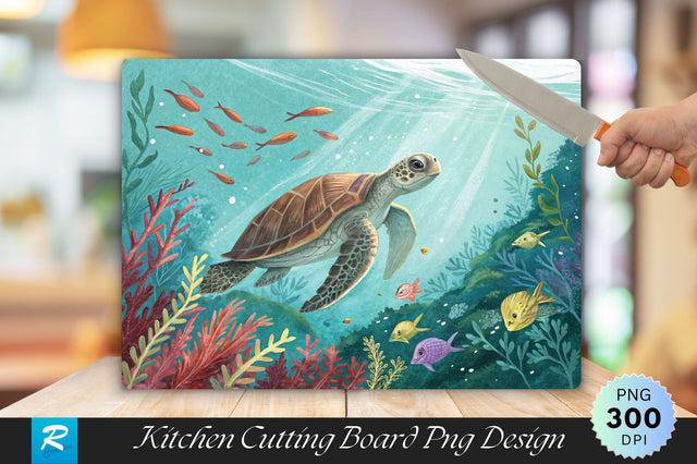 Turtle Swimming in Turquoise Waters with Marine Foliage Cutting Board PNG Design Sublimation Regulrcrative 
