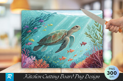 Turtle Swimming in Turquoise Waters with Marine Foliage Cutting Board PNG Design Sublimation Regulrcrative 
