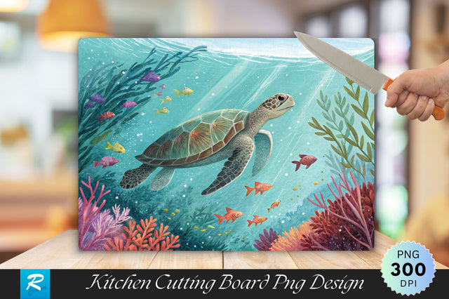 Turtle Swimming in Turquoise Waters with Marine Foliage Cutting Board PNG Design Sublimation Regulrcrative 