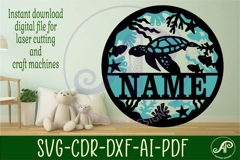 Turtle two layer name sign svg laser cut template SVG APInspireddesigns 
