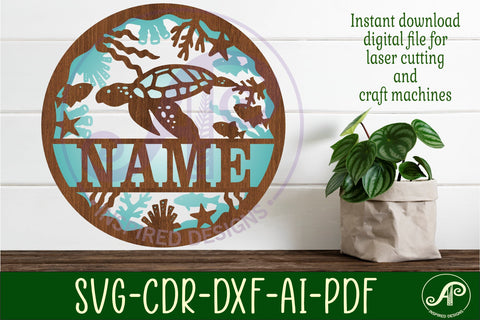 Turtle two layer name sign svg laser cut template SVG APInspireddesigns 
