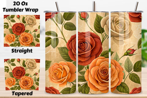 Tuscan Sun Rose Seamless Tumbler Wrap, Warm Terracotta and Olive Roses, seamless tumbler wrap, tuscan floral design, terracotta rose wrap, olive garden style, rustic italian flowers, 20oz skinny tumbler Sublimation FloridPrintables 