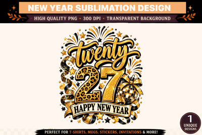 Twenty 27 Happy New Year PNG, Black Gold Leopard Print Sublimation Design, Disco Ball 2027 Shirt Graphic Sublimation BlackCatsMedia 