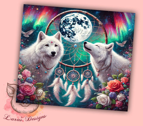 Twin Wolf Dreamcatcher 20oz Tumbler Wrap, Dreamcatcher Design, 20oz Tumbler, Sublimation Wrap, Wolf Gift, Native American Art, Wildlife Decor Sublimation Lara' s Designs 