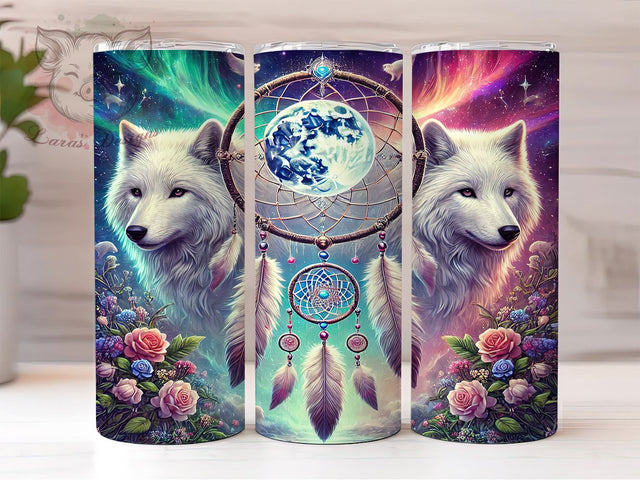 Twin Wolf Dreamcatcher 20oz Tumbler Wrap, Dreamcatcher Design, 20oz Tumbler, Sublimation Wrap, Wolf Gift, Native American Art, Wildlife Decor Sublimation Lara' s Designs 