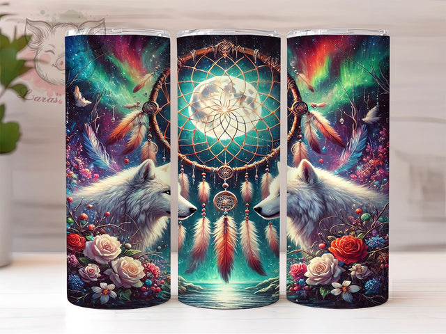 Twin Wolf Dreamcatcher 20oz Tumbler Wrap, Dreamcatcher Design, 20oz Tumbler, Sublimation Wrap, Wolf Gift, Native American Art, Wildlife Decor Sublimation Lara' s Designs 