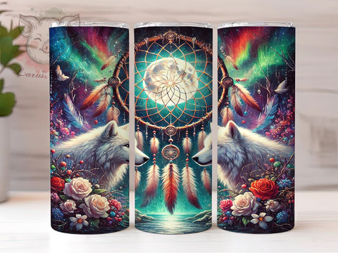 Twin Wolf Dreamcatcher 20oz Tumbler Wrap, Dreamcatcher Design, 20oz Tumbler, Sublimation Wrap, Wolf Gift, Native American Art, Wildlife Decor Sublimation Lara' s Designs 