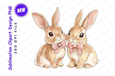 Two adorable bunnies with pink bows clipart png Sublimation Regulrcrative 
