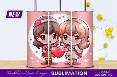 Two Adorable Girls Holding Heart Cartoon Illustration Sublimation Regulrcrative 