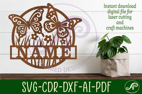 Two Butterflies name sign svg laser cut template SVG APInspireddesigns 