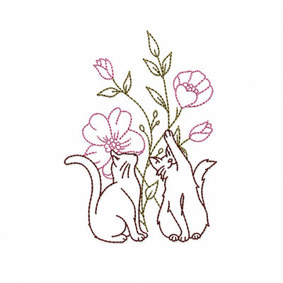 Two Cats with Flowers Machine Embroidery Design 4x4-8x10 Hoops Digital File Embroidery/Applique DESIGNS Nino Nadaraia 