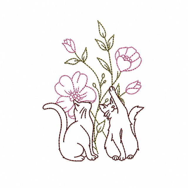 Two Cats with Flowers Machine Embroidery Design 4x4-8x10 Hoops Digital File Embroidery/Applique DESIGNS Nino Nadaraia 