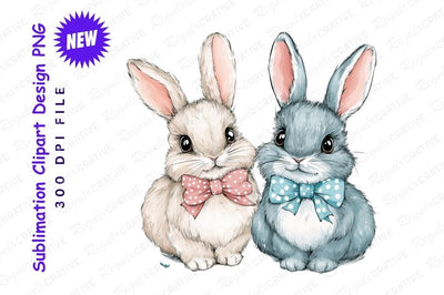 Two Cute Bunnies With Bow Ties Clipart Png Sublimation Regulrcrative 