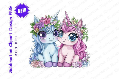 Two Cute Cartoon Unicorns With Flower Crowns Sublimation Regulrcrative 