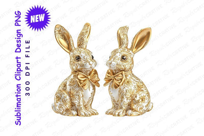 Two Elegant Easter Bunny Figurines Decorated With Gold Accents And Bows Sublimation Regulrcrative 