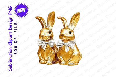 Two Golden Easter Rabbits With Bows Clipart Png Sublimation Regulrcrative 