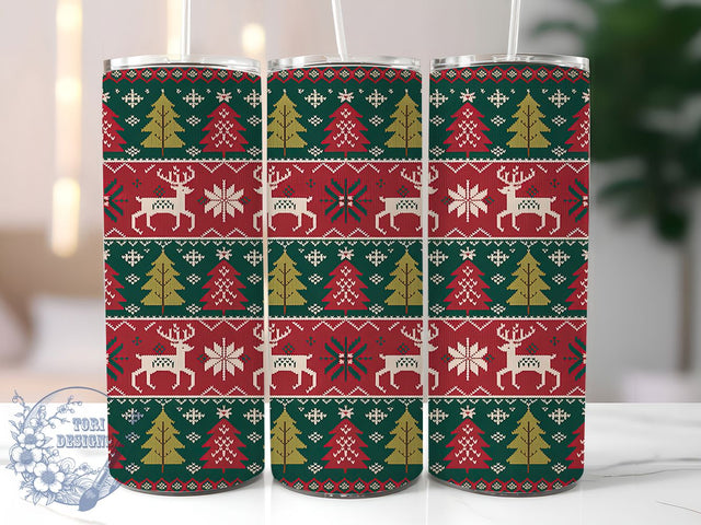 Ugly Sweater Christmas Tumbler, Deer and Trees Wrap, Festive Knit Sublimation Design, 20oz Holiday Sweater Tumbler, Whimsical Reindeer Mug, Cozy Christmas Cup, Nordic Sweater Pattern Art Sublimation ToriDesigns 