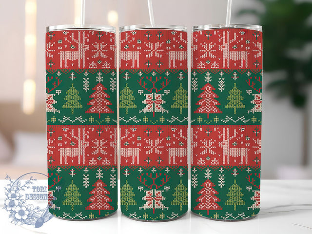 Ugly Sweater Christmas Tumbler, Deer and Trees Wrap, Festive Knit Sublimation Design, 20oz Holiday Sweater Tumbler, Whimsical Reindeer Mug, Cozy Christmas Cup, Nordic Sweater Pattern Art Sublimation ToriDesigns 