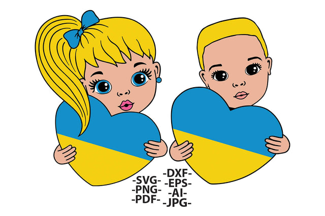 Ukraine Kids SVG Bundle with Boy and Girl Holding Heart | Ukrainian Flag Clipart, PNG for Sublimation, Cricut, DXF Patriotic Support Design SVG 1uniqueminute 