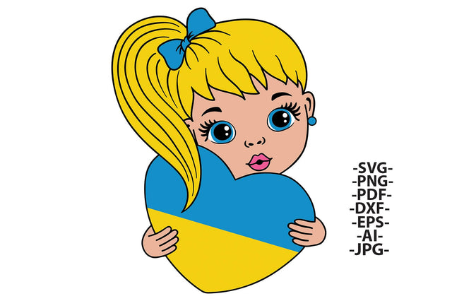 Ukrainian Flag Girl Heart SVG PNG Clipart Cute Girl Holding Ukraine Love Symbol for Sublimation Cricut and Printables SVG 1uniqueminute 