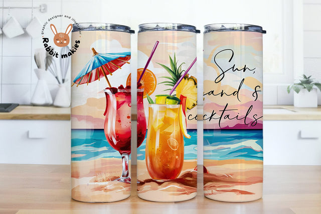 un sand & cocktails 20 oz skinny tumbler sublimation design Watercolor Summer Vocation Beach digital PNG Sublimation Rabbitmakies 