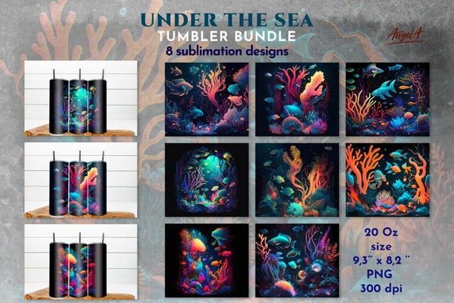 Under the sea tumbler wrap bundle. Neon tumbler template PNG Sublimation Angelina Semenova 