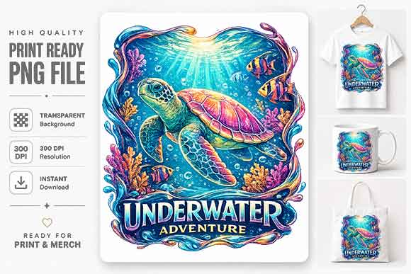 Underwater Adventure Sea Turtle PNG Ocean Life Sublimation Design SVG BillahCrafts 